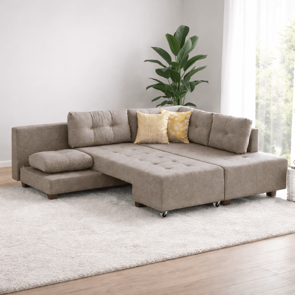 Slaapbank taupe stof -  XL 280x206 cm - met wielen - Rechts - Manama