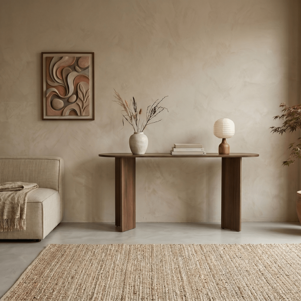 Ovale sidetable walnoot melamine - Japandi -  150x35 cm - Sota