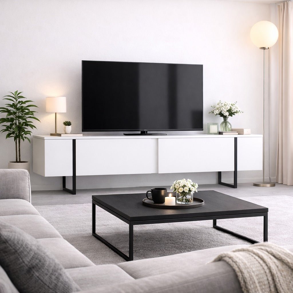 TV Meubels - TV Meubel Luxe Wit Zwart Melamine 180x50x30 cm - Dimehouse