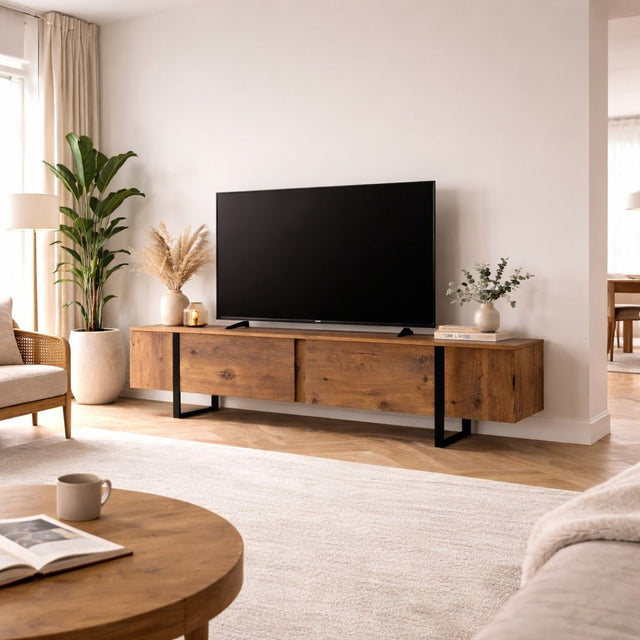 TV Meubels - TV Meubel Naturel Melamine Zwart Frame 180x50x29,5 cm - Blitz - Dimehouse