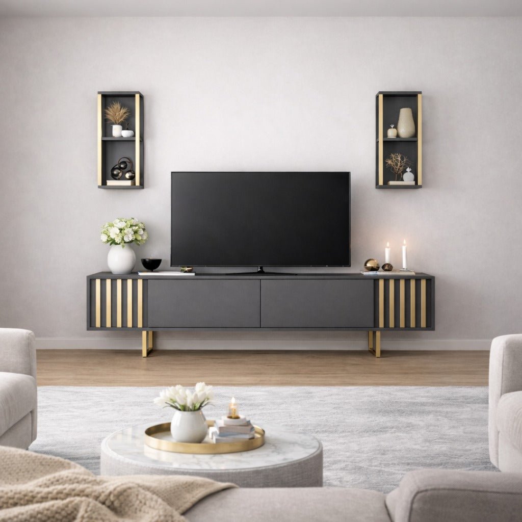 TV Meubel Set Gold Line Antraciet Zwart Melamine 180x48x30 cm