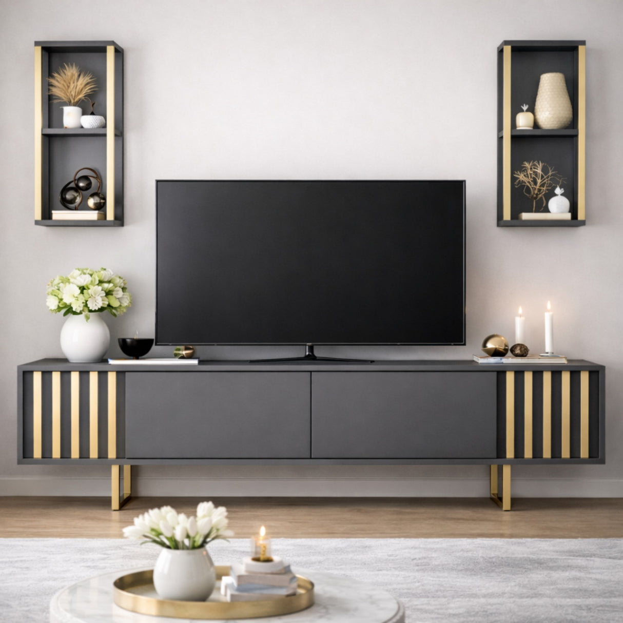 TV Meubel Set Gold Line Antraciet Zwart Melamine 180x48x30 cm