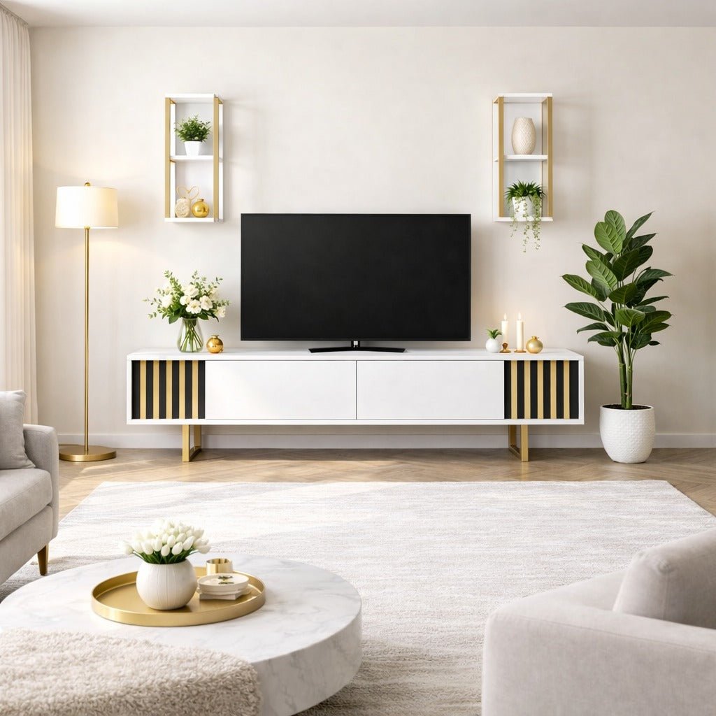 TV Meubels - TV Meubel Set Gold Line Wit Zwart Melamine 180x48x30 cm - Dimehouse