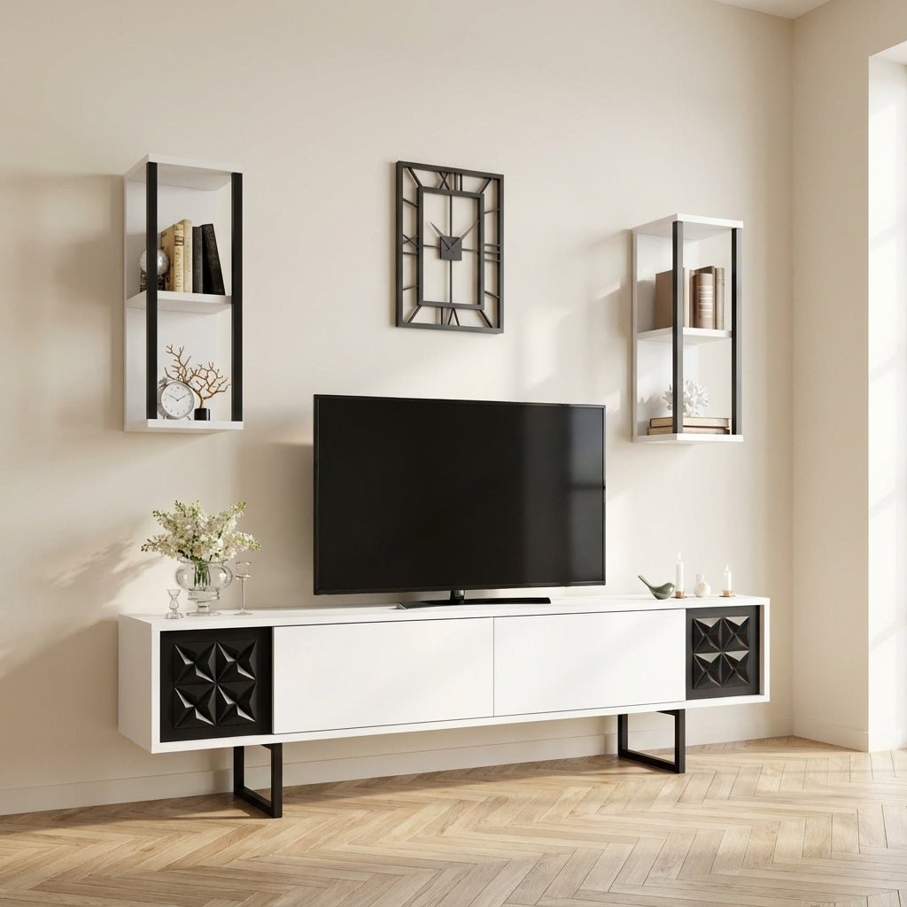 TV Meubel Set Black Line Wit Zwart Melamine 180x48x30 cm sfeerfoto in modern interieur