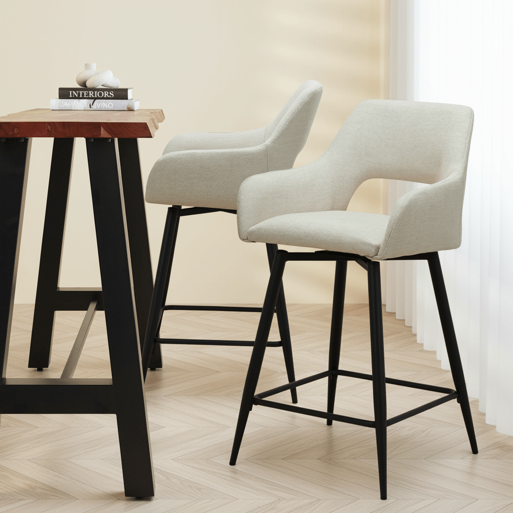 Draaibare Barkruk Beige Stof Skye - Zithoogte 67 cm - Met Armleuningen