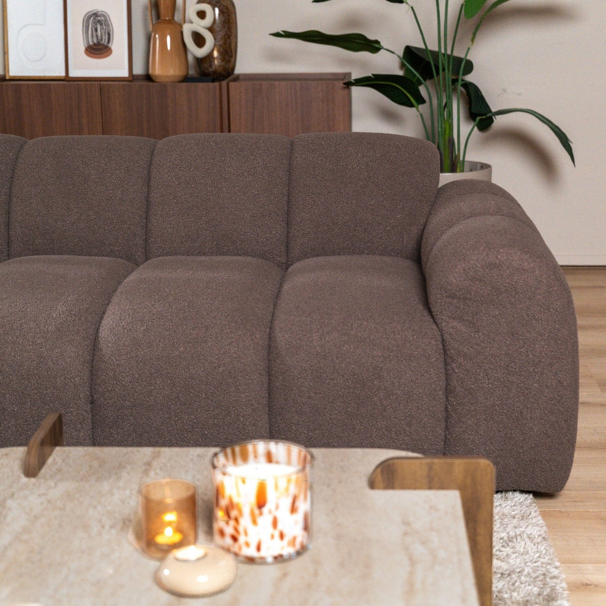 Banken-Hoekbank met lounge zacht bruin bouclé stof - strepen - links - Brix-Dimehouse