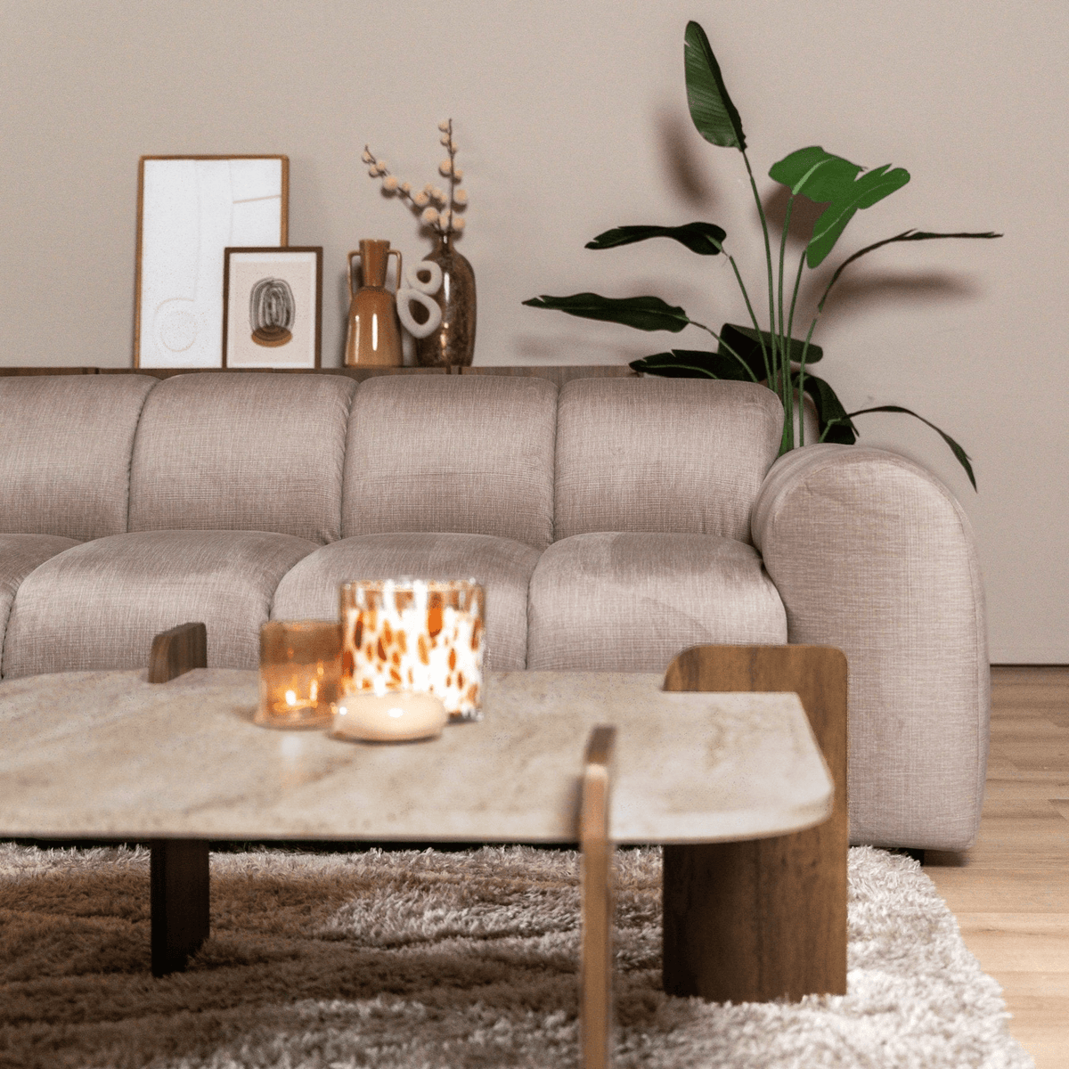 Banken-Hoekbank met lounge zand velvet structuurstof - strepen - links - Brix-Dimehouse